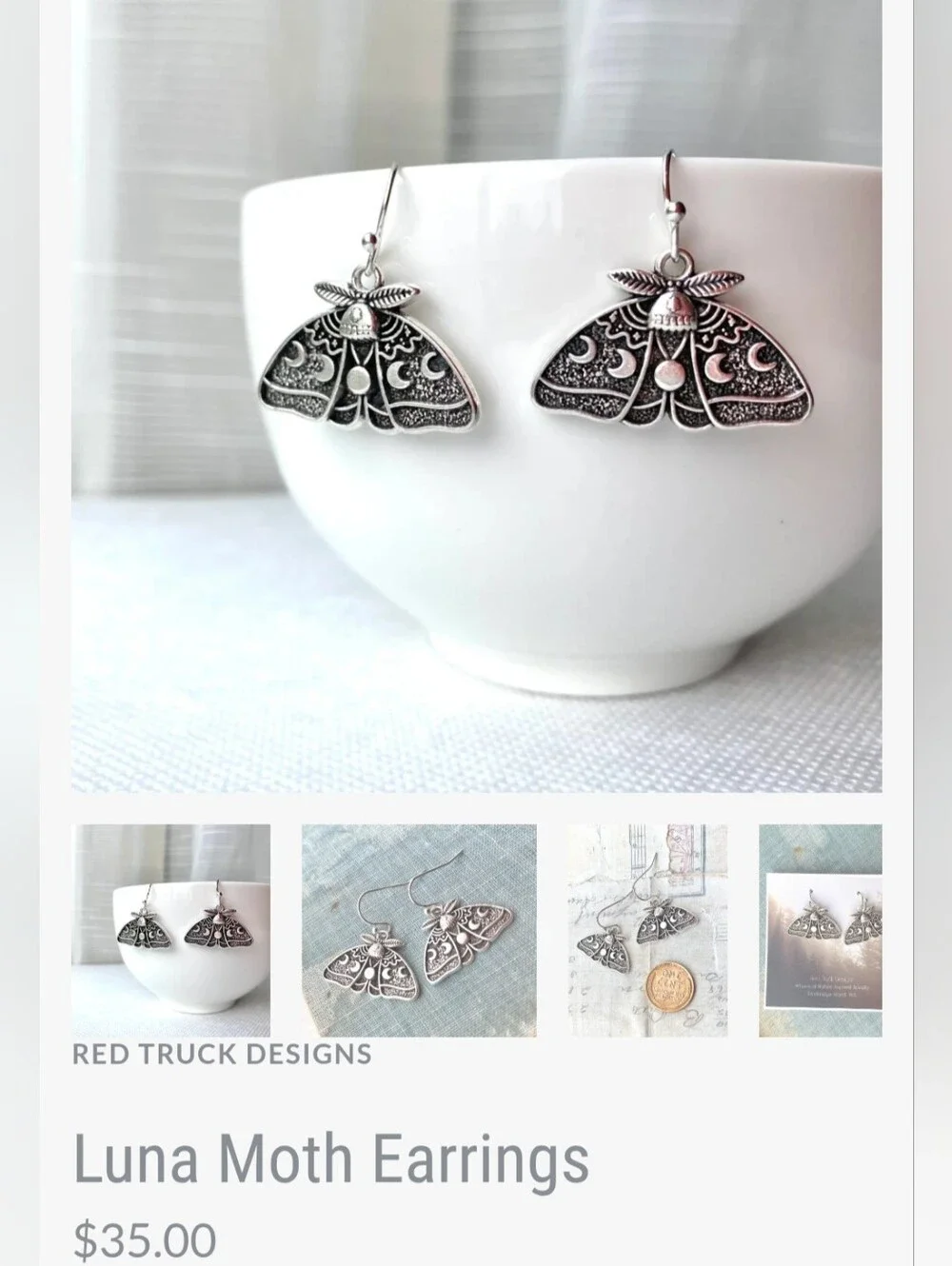 NWT Large Handmade Silver Lunar Death Moth Earrings